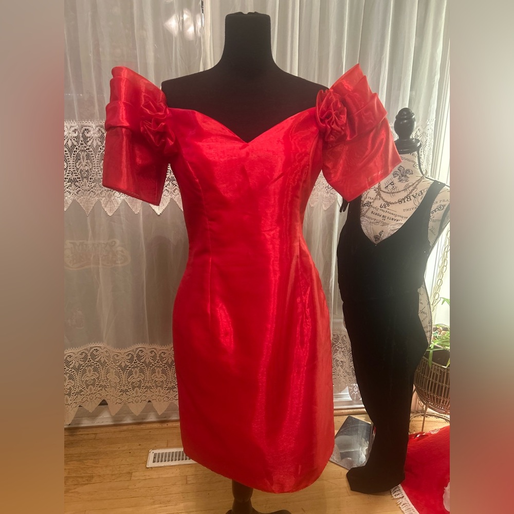 Vintage Red Cocktail Dress | 1960s Puff Sleeve Organza Dress | Blue Bird Toronto